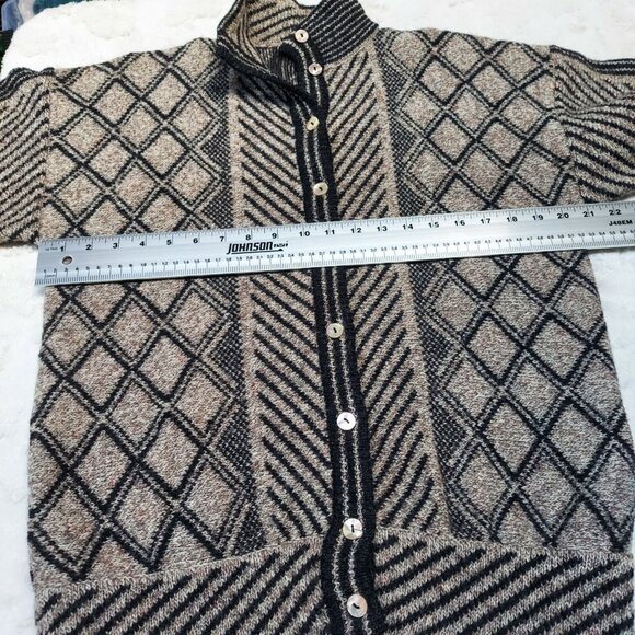 Womens Cardigan Sweater Shetland Wool Balloon Sleeve Medium Gray Mixed Print - Picture 8 of 9